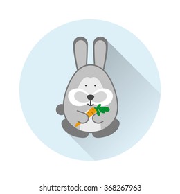 Vector cartoon illustration of gray bunny rabbit with carrot. Blue round background with long shadow. Flat style icon element for design. Domestic, forest, wild animal