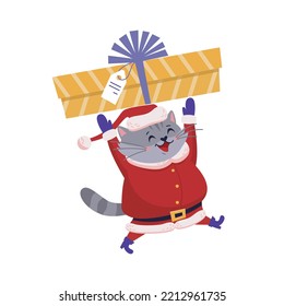 Vector cartoon illustration of gray cat in Santa Claus costume with very large gift in his paws. Happy New Year, Merry Christmas, symbol of the year 2023 concept. Isolated on white background