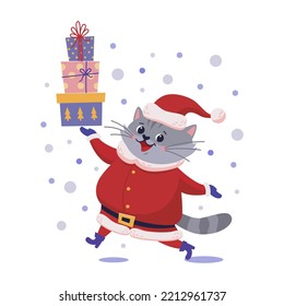 Vector cartoon illustration of gray cat in Santa Claus costume with gifts in bright boxes. Happy New Year, Merry Christmas, symbol of the year 2023 concept. Isolated on white background