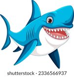 Vector cartoon illustration of a great white shark with big teeth smiling and swimming isolated on white