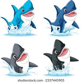 A vector cartoon illustration of a great white shark with big teeth, smiling and leaping out of the water