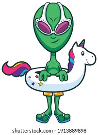 Vector cartoon illustration of green alien preparing to swim with inflatable unicorn.