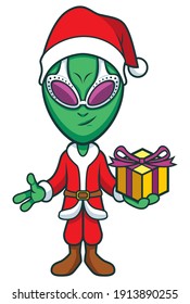 Vector cartoon illustration of green alien dressed like Santa Claus.