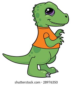 Vector cartoon illustration of a green baby Tyrannosaurus Rex dinosaur wearing an orange shirt.