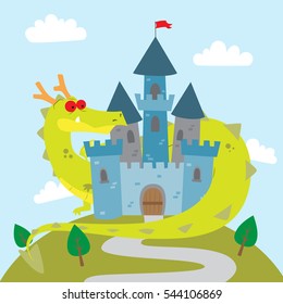 Vector cartoon illustration of a green dragon behind the castle in fairy tale story for children