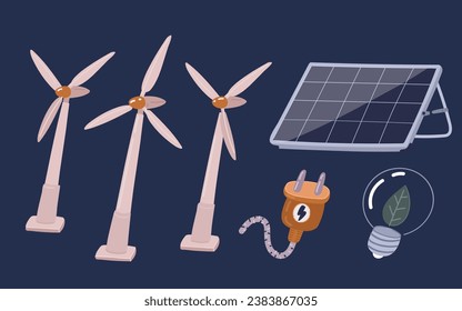 Vector cartoon Illustration of Green Energy icon set, Green Energy, Clean Energy, Environmental Alternative Energy Concept. Wind mills, solar panel, electric plug, bulb with