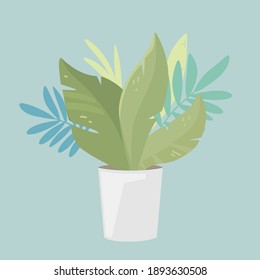 Vector cartoon illustration with green floral leaves in white pot isolated on background