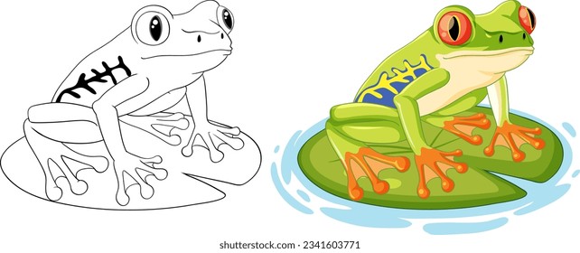 A vector cartoon illustration of a green frog perched on a lily pad