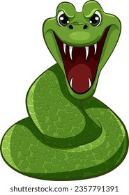 A vector cartoon illustration of a green mamba snake with scales, open mouth and sharp teeth ready to bite
