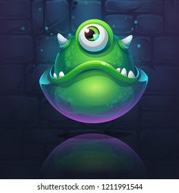 Vector cartoon illustration Green Monster on brick background. For web, video games, user interface, design