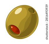 A vector cartoon illustration of a green olive with clean lines and vibrant colors. Suitable for menus, martinis, salads, product packaging, and culinary projects. An element for your design.