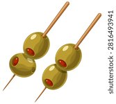 A vector cartoon illustration of a green olive with clean lines and vibrant colors. Suitable for menus, martinis, salads, product packaging, and culinary projects. An element for your design.