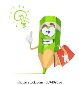 Vector cartoon illustration of a green pencil character mascot holding a book, an idea