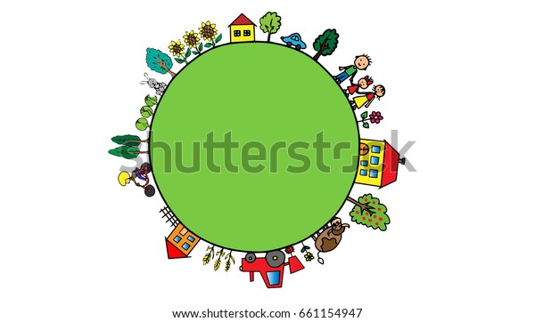 Vector cartoon illustration of green planet\
with rural countryside.