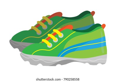 Vector cartoon illustration of green running sports shoes isolated against white background