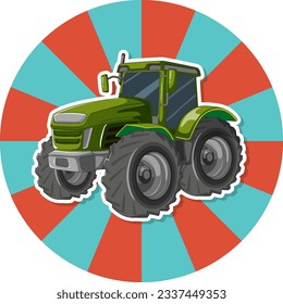 A vector cartoon illustration of a green tractor with a comic background