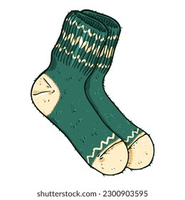 Vector Cartoon Illustration - Green Woolen Socks with Ornament