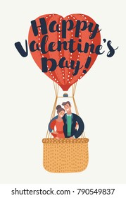 Vector cartoon illustration of Greeting card: Happy Valentine's Day. Happy smiling couple flying in air balloon basket. Heart shape aerostat. Hand drawn lettering on it