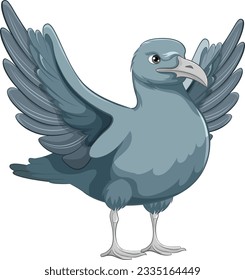 A vector cartoon illustration of a grey bird with its wings open, ready to take flight