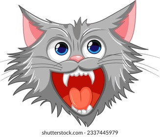 A vector cartoon illustration of a grey, ferocious cat, isolated on white