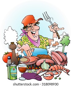 Vector Cartoon Illustration Of A Grillmaster Inviting To A Grill Party Outdoor