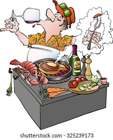 Vector cartoon illustration of a grillmaster tasting vine