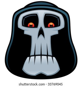 Vector cartoon illustration of the Grim Reaper. Angel of Death skull with red eyes and hood.