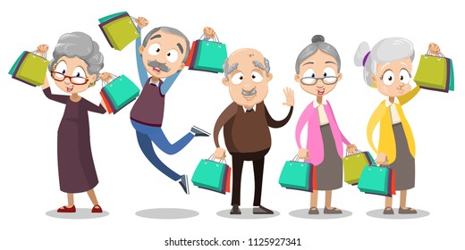 Vector cartoon illustration of group of aged old people shopping, holding shopping bags and packages. Vector illustration in cartoon flat style, isolated on a white background. Happy grandparents