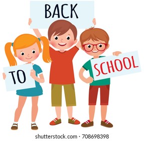 Vector cartoon illustration group of children students girl and a boy hold a board for back to school