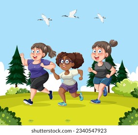 A vector cartoon illustration of a group of diverse women jogging in the park