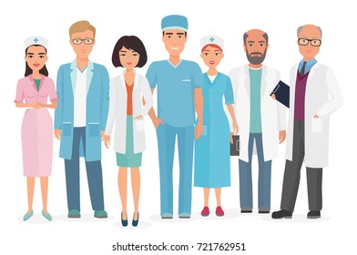 Vector Cartoon illustration of Group of doctors, nurses and other medical staff.