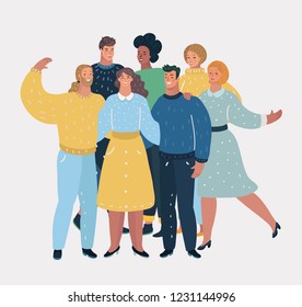 Vector cartoon illustration of Group of five happy friends. Get together and wave. Coworkers, team or relatives.