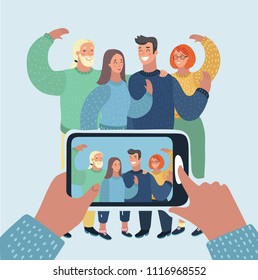 Vector cartoon illustration of group of four friends taking a photo with a smartphone. Taking a selfie. Friendship concept.
