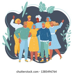 Vector cartoon illustration of Group of happy people and company staff, representing company. Human character on dark background.