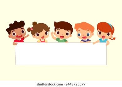 Vector cartoon illustration of group of happy kids holding big blank sign together. Template for advertisement, announcement any text message.