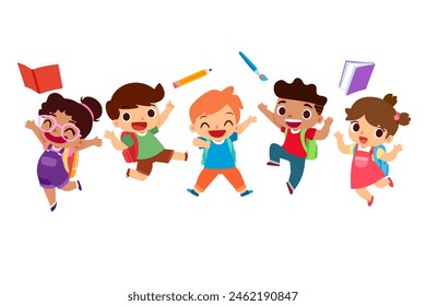 Vector cartoon illustration of a group of happy and excited kids with backpacks jumping , celebrating the school day, perfect for back-to-school themes and educational materials.