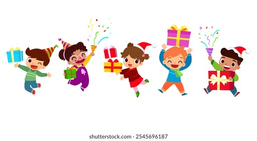 Vector cartoon illustration of a group of happy and excited kids with party hat holding gift box and party popping confetti. Children celebrating at birthday, christmas or newyear party.