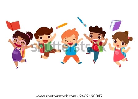 Vector cartoon illustration of a group of happy and excited kids with backpacks jumping , celebrating the school day, perfect for back-to-school themes and educational materials.