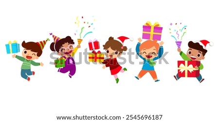 Vector cartoon illustration of a group of happy and excited kids with party hat holding gift box and party popping confetti. Children celebrating at birthday, christmas or newyear party.
