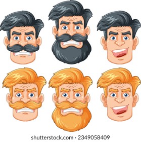 A vector cartoon illustration of a group of hipster men with different facial expressions