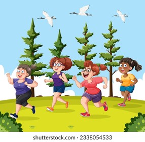 Dibujo vectorial de un grupo de mujeres multiculturales trotando en un parque