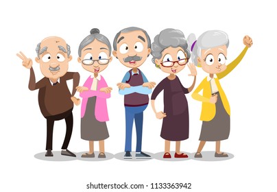 Vector cartoon illustration of group of old senior people standing together. Happy grandparents character design. Vector illustration in cartoon flat style, isolated on a white background.