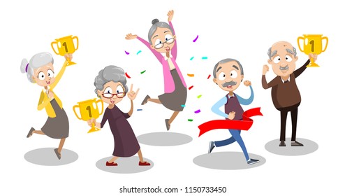 Vector cartoon illustration of group of old senior people celebrating victory, winning and enjoying it full of emotions. Happy grandparents character design. Isolated on a white background.