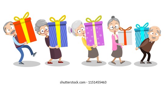 Vector cartoon illustration of group of old senior people bringing gifts, present boxes, going to birthday party with big surprises.Happy grandparents character design. Isolated on a white background.