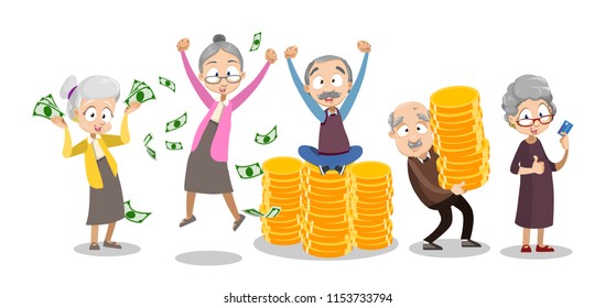 Vector cartoon illustration of group of old senior people getting and saving money. Happy pension and saving concept. Vector illustration in cartoon flat style, isolated on a white background.