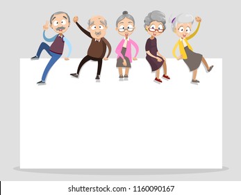 Vector cartoon illustration of group of old senior people sitting on empty text brochure. Happy grandparents character design.Vector illustration in cartoon flat style, isolated on a white background.