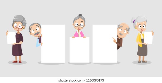 Vector cartoon illustration of group of old senior people with empty text banners. Happy grandparents character design. Vector illustration in cartoon flat style, isolated on a white background.