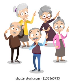 Vector cartoon illustration of group of older senior people pointing to something. Vector illustration in cartoon flat style, isolated on a white background.
