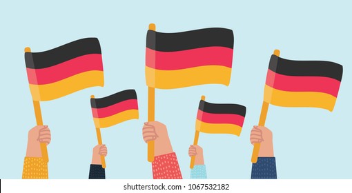 Vector cartoon illustration of Group of People Waving German Flags. Human hands on isolated background.