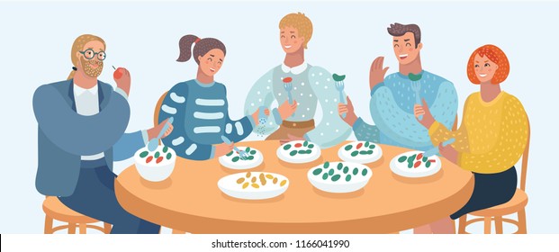 Vector cartoon illustration of group people are eating, talking and smiling while having lunch in cafe. Friends, family or Colleagues. Human characters on white bakckground.